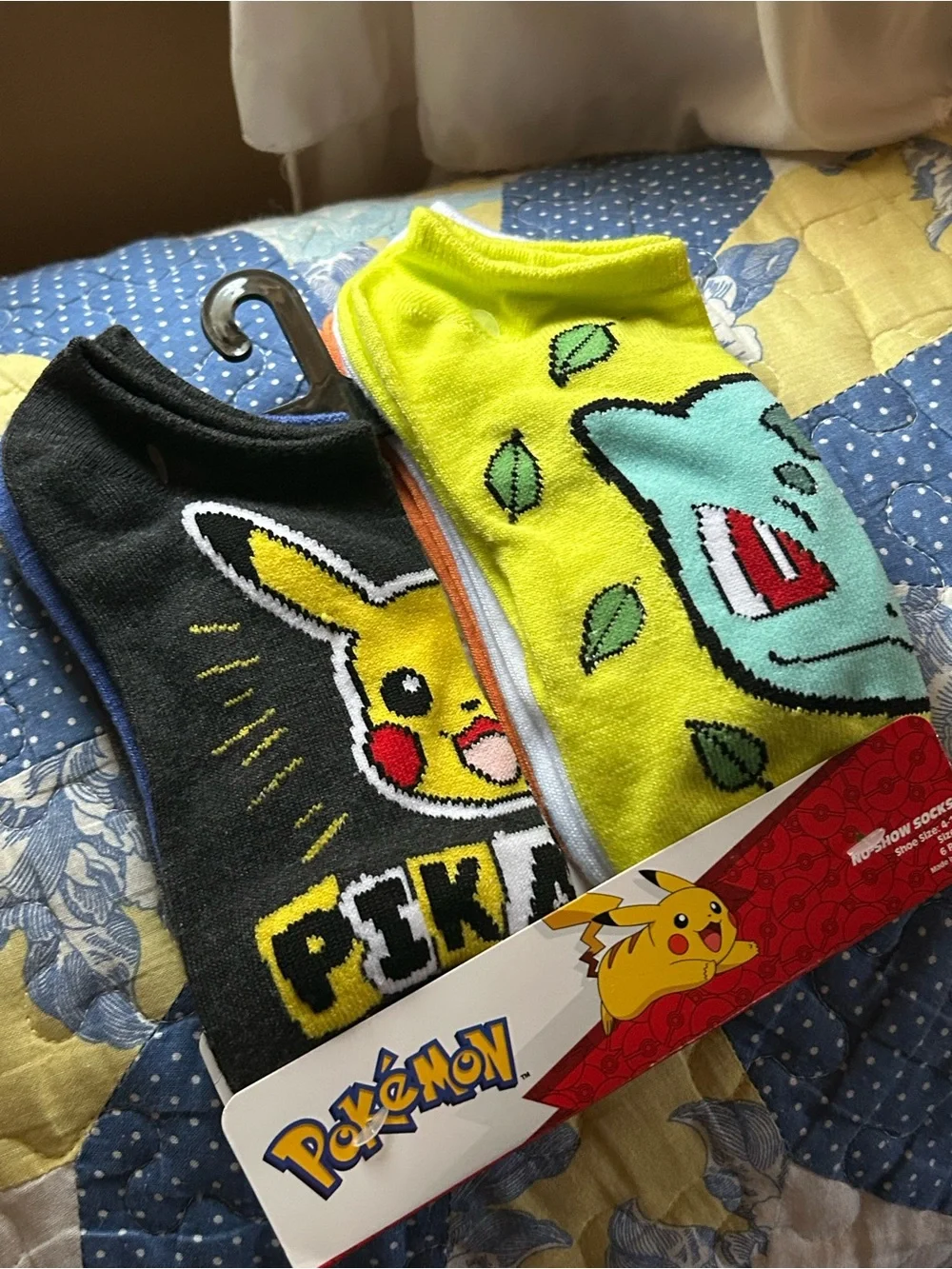 No-Show Socks Set with Pikachu & Bulbasaur - Yellow & Black size 4-10 L